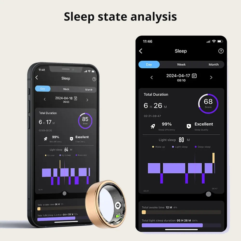 A phone showing the overnight summary in COLMI Fitness, beside the Aurora Ring