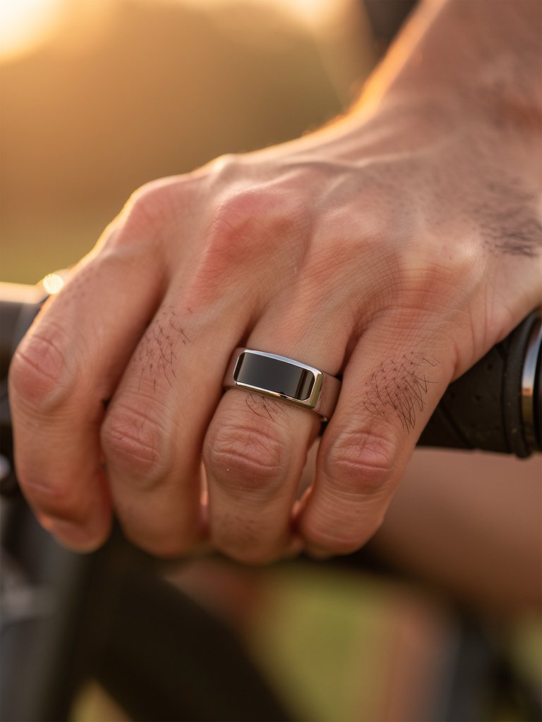 A hand wearing the Aurora display ring on a bike